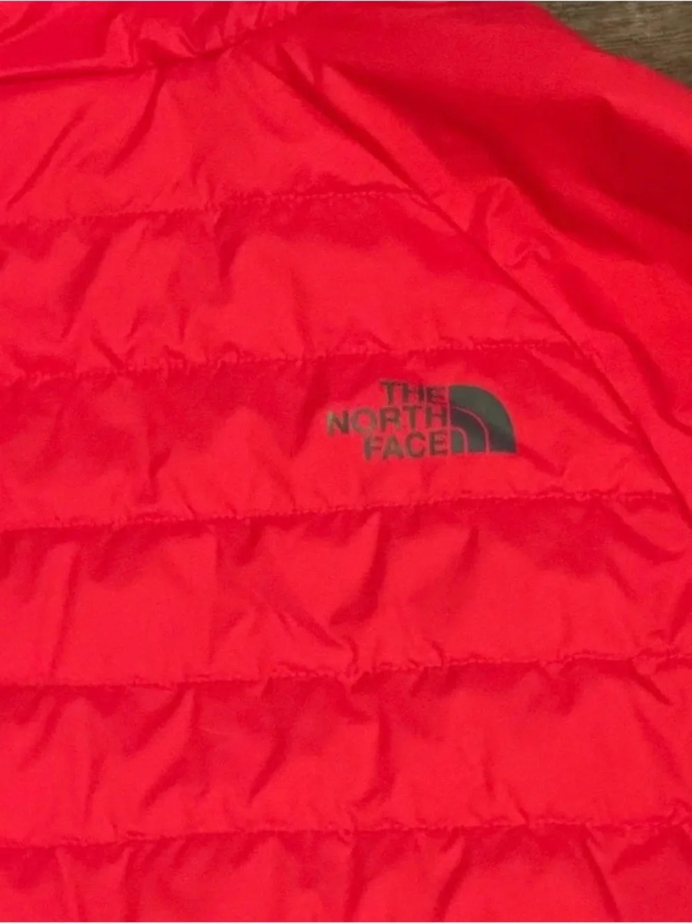 The North Face Red Hooded Puffer Jacket with Gray Panels